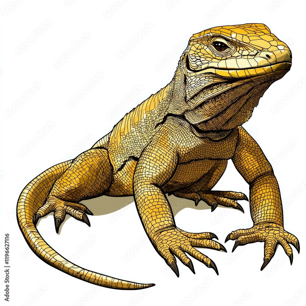 Obraz premium Magnificent Komodo Dragon: A Close-Up Look at this Majestic Indonesian Reptile. A Detailed Illustration Showcasing its Intricate Scales and Powerful Stature.
