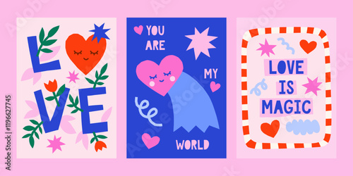 Cute cutout style Valentine's Day vector cards. Hand drawn simple illustrations set with comet, hearts, love lettering, abstract shapes