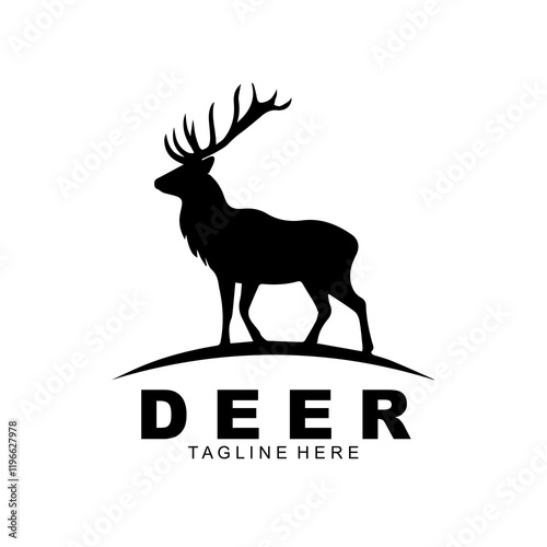 Deer silhouette vector logo illustration with forest background
