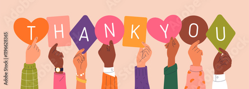Thank You, hands holding letters with grateful word. Gratitude and appreciation expression concept. People with thankful feedback, appreciating. Flat vector illustration isolated on white background