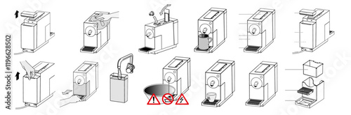 Plan diagram of the image of a horn coffee machine in different angles in vector on an isolated white background.