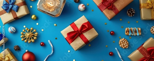 Festive Hanukkah vertical scene featuring wrapped gifts, dreidels, a menorah, and traditional treats on a blue background photo