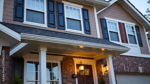 Stunning Brick House Exterior at Night: Architectural Details and Evening Lighting photo