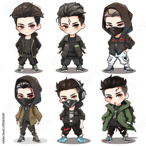 Six stylized male chibi characters, diverse outfits, white background, avatar design, for game or app