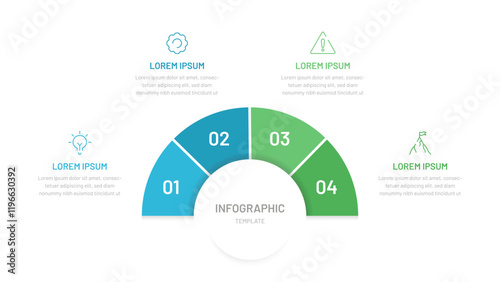 Semi circle pie chart divided into 4 parts with editable icons. A template for a presentation or website. Colorful infographics for business, startup, report, presentation, slides