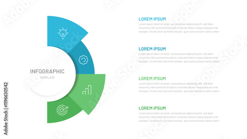 Semi circle pie chart divided into 4 parts with editable icons. A template for a presentation or website. Colorful infographics for business, startup, report, presentation, slides