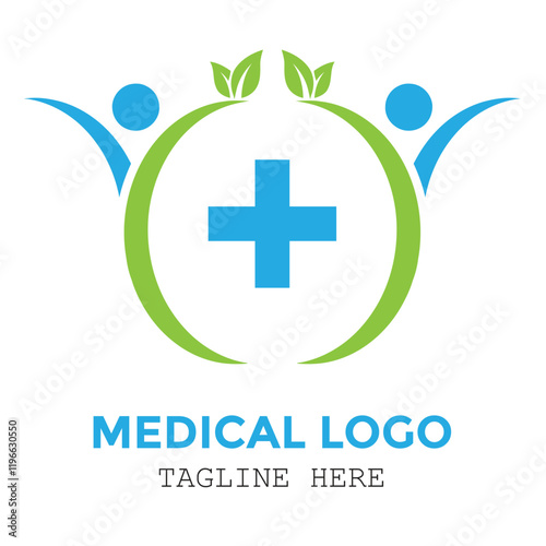 Integrated two people a green and blue and medical sign with natural leaf minimalist logo design