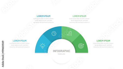Semi circle pie chart divided into 4 parts with editable icons. A template for a presentation or website. Colorful infographics for business, startup, report, presentation, slides