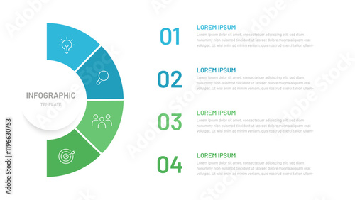 Semi circle pie chart divided into 4 parts with editable icons. A template for a presentation or website. Colorful infographics for business, startup, report, presentation, slides