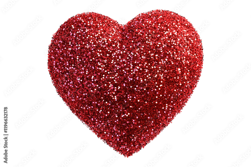 Shiny red glitter heart with a sparkling texture isolated on white transparent background. Concept of love, romance, and celebration Shiny red glitter heart with a sparkling texture isolated on white transparent background. Concept of love, romance, and celebration