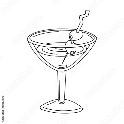 martini glass with olives. Olives on a skewer float in a glass with a drink. An alcoholic cocktail, hand-drawn. A feminine sophisticated drink. contour illustration on white is handmade with a black