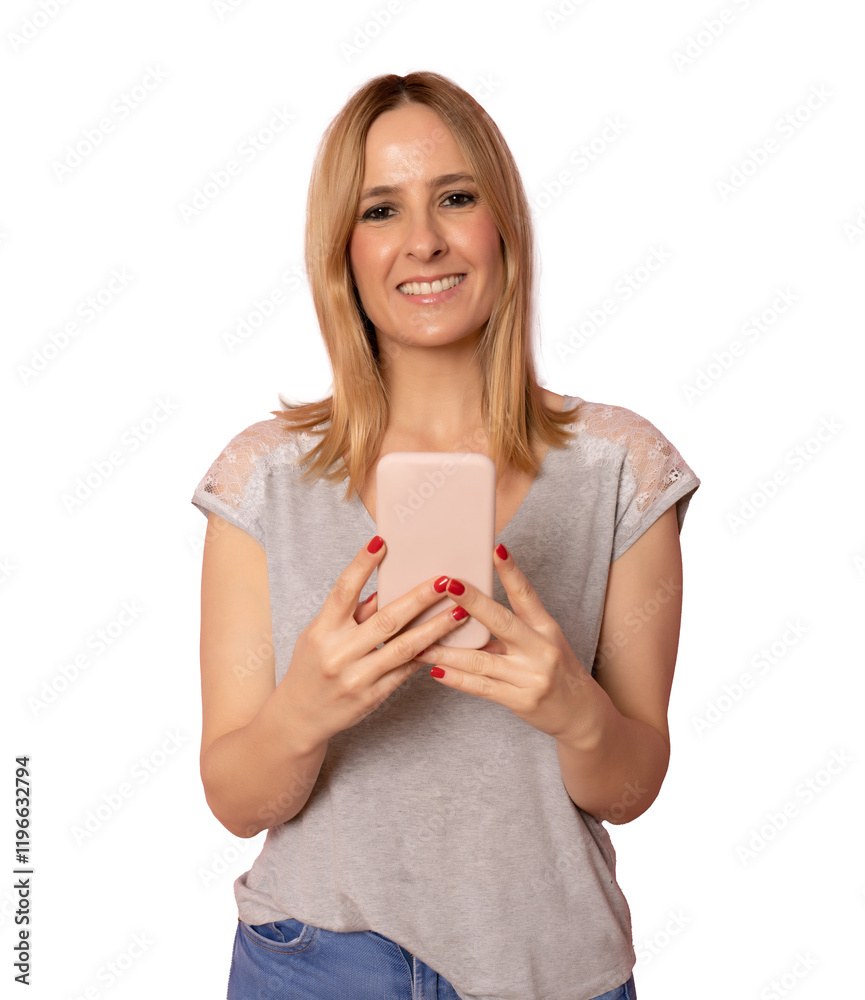 Portrait of a smiling young casual caucasian woman looking at mobile phone isolated over transparent background. PNG transparent. Portrait of a smiling young casual caucasian woman looking at mobile phone isolated over transparent background. PNG transparent.