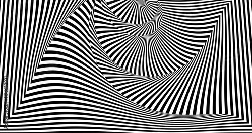 A dynamic black-and-white striped pattern creating a hypnotic optical illusion with wavy, flowing lines. The abstract design adds depth and movement, perfect for modern art, design, or creative backgr