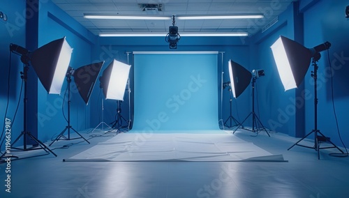 Professional Photography Studio Setup with Blue Backdrop and Lighting Equipment photo