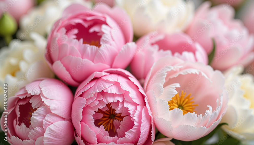 Mother's Day Background Close-up of pink and white peonies in full bloom Mother's Day Background Close-up of pink and white peonies in full bloom