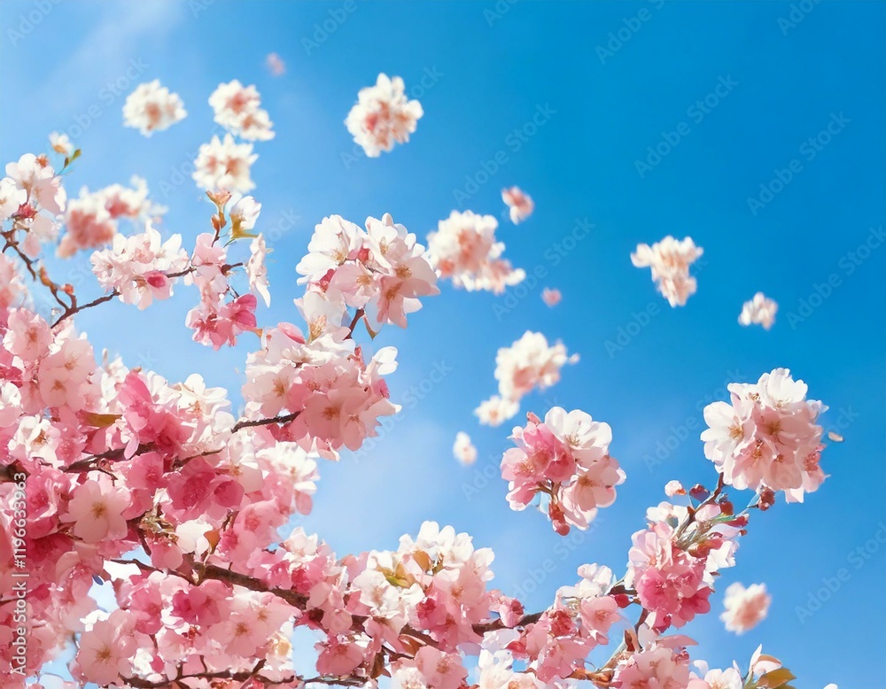 Spring flowers fly on a blue sky background. Beautiful pastel pink Spring flowers fly on a blue sky background. Beautiful pastel pink