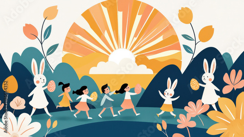 A colorful illustration of children and bunnies joyfully hunting for eggs under a vibrant sun, surrounded by flowers and mountains.