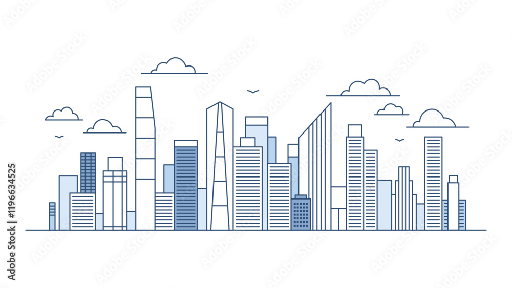 Obraz premium Cityscape Skyscrapers Building Landscape in City Town with Line Outline Design Style
