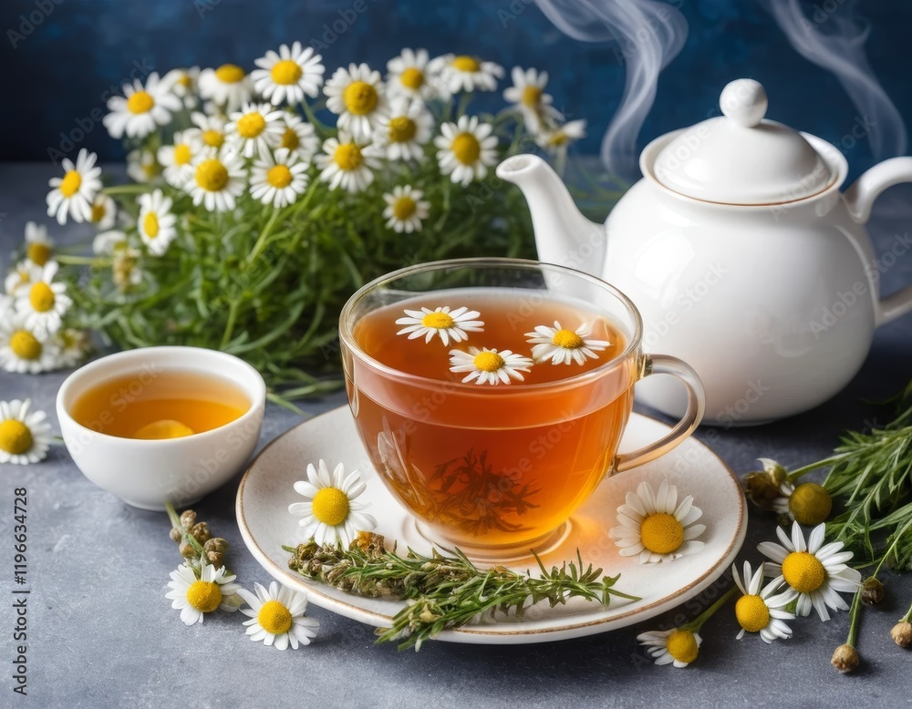 Aromatic Chamomile Tea in Glass Cup with Fresh Flowers and Teapot on Grey Surface Aromatic Chamomile Tea in Glass Cup with Fresh Flowers and Teapot on Grey Surface