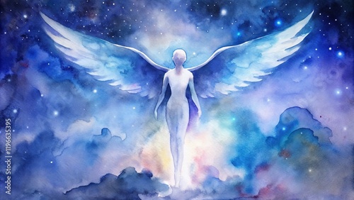 Ethereal Angel Figure with Wings in a Celestial Sky