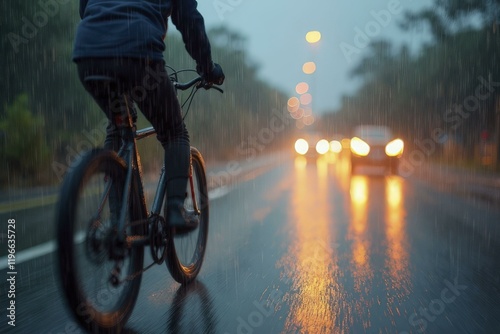 Stop motion of bike through rainstorm with rain and bokeh car lights