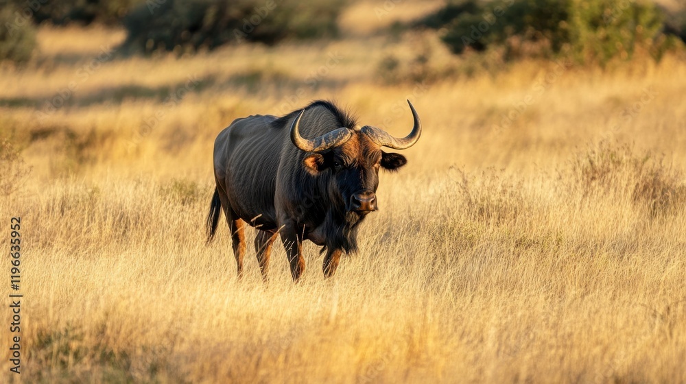 Majestic black wildebeest bull in golden savanna. Majestic black wildebeest bull in golden savanna.