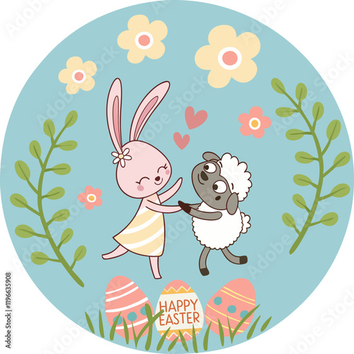 Happy Easter bunny and cute sheep with colorful eggs in a spring field. Vector illustration.