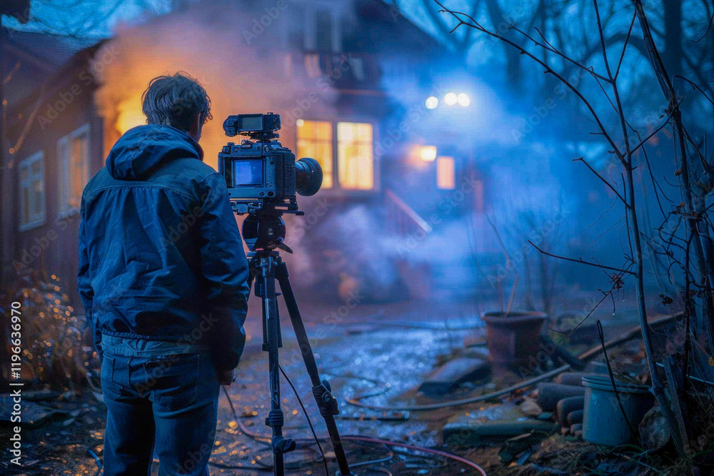 Fototapeta premium A cinematographer operates a camera on a tripod, capturing a scene outside a house bathed in atmospheric blue light and fog at dusk.