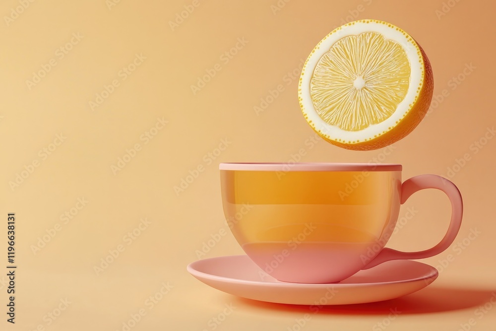 Bright cup filled with warm liquid, topped with floating lemon s Bright cup filled with warm liquid, topped with floating lemon s