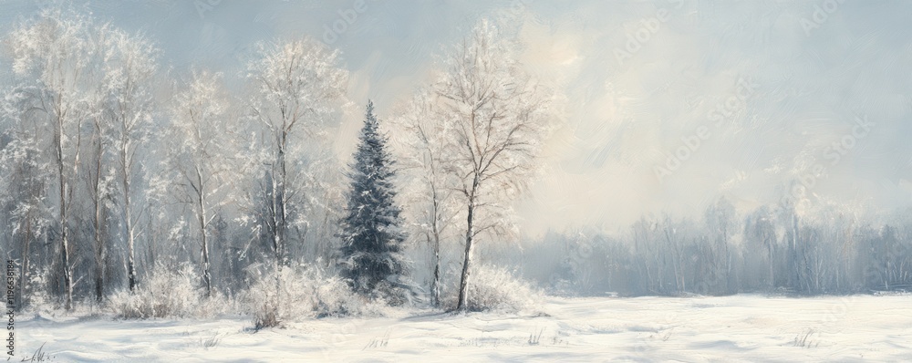 Frosty winter landscape with snow-covered trees, serene nature, peaceful seasonal charm. Frosty winter landscape with snow-covered trees, serene nature, peaceful seasonal charm.