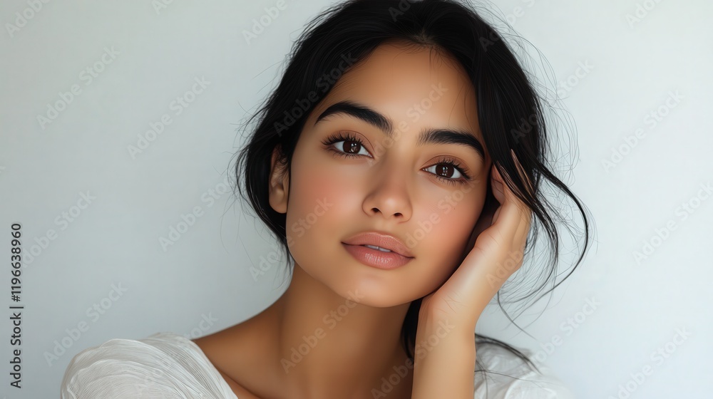 A photo of an attractive Indian woman with black hair, wearing minimal makeup and gently touching her face on the cheek in front of a white background for a skincare brand A photo of an attractive Indian woman with black hair, wearing minimal makeup and gently touching her face on the cheek in front of a white background for a skincare brand