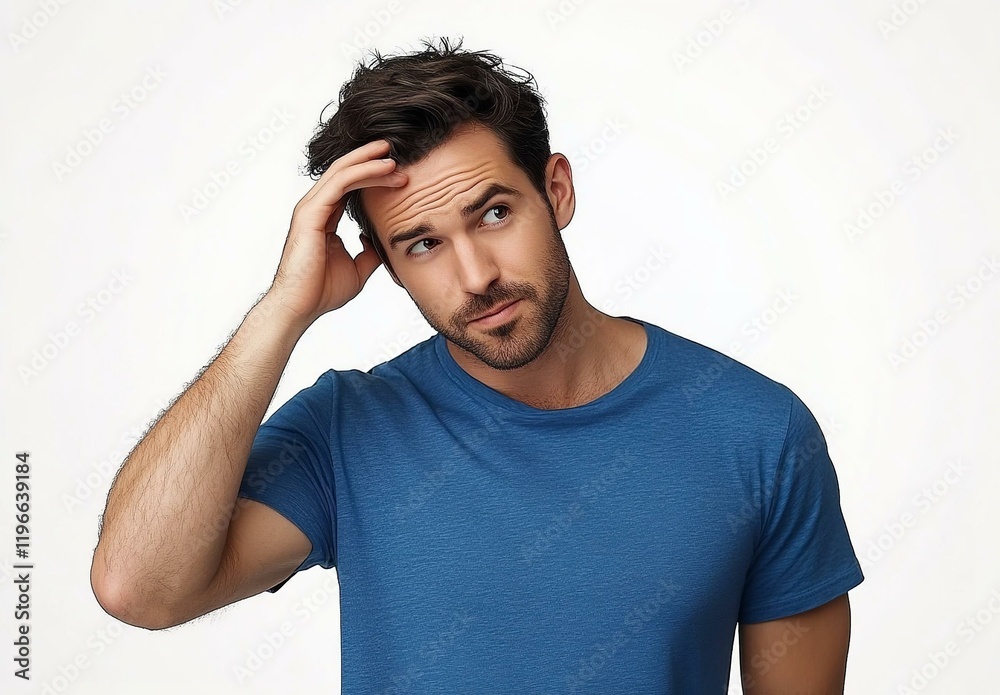 Fototapeta premium Blue t-shirt a handsome man in a blue T-shirt touching his head with his hand isolated on a white background looking confused and thinking about something