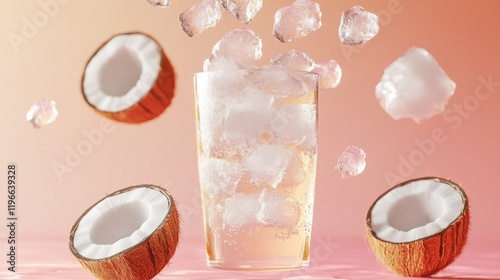 Refreshing drink with ice surrounded by coconut halves creates t photo