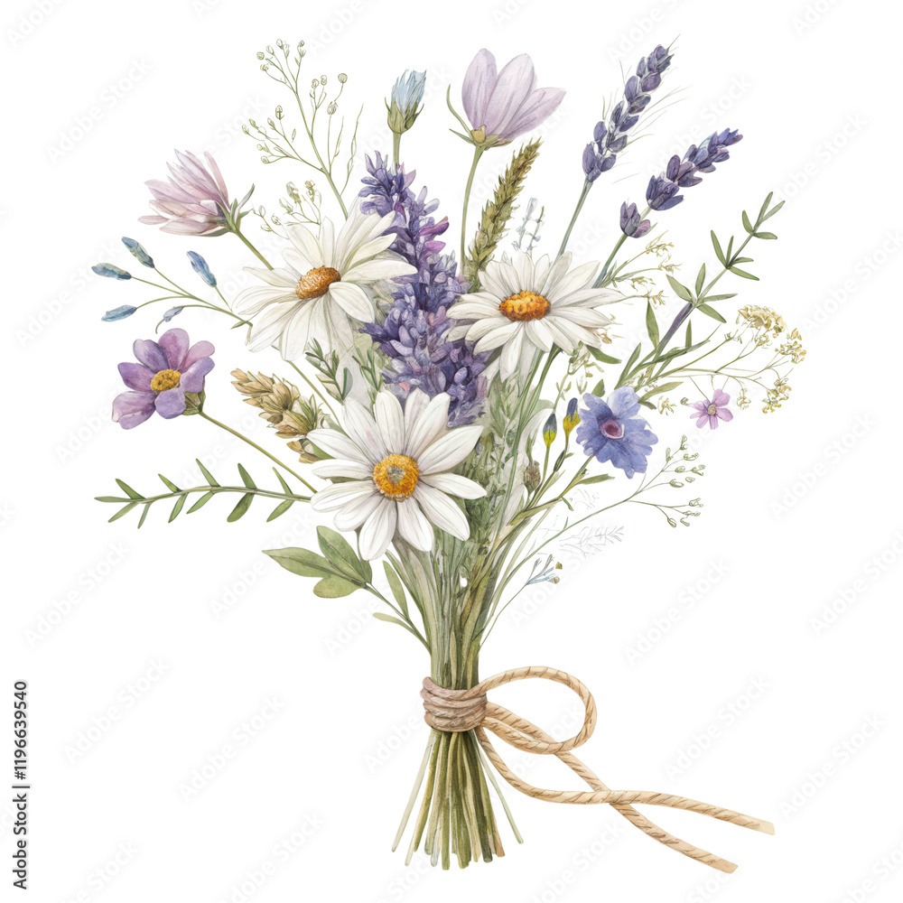 Obraz premium A bouquet of diverse wildflowers, including daisies and lavender, tied together with a natural twine.