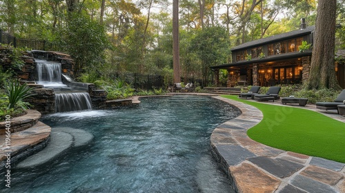 Luxury Backyard Oasis: Waterfall Pool and Lakeside House