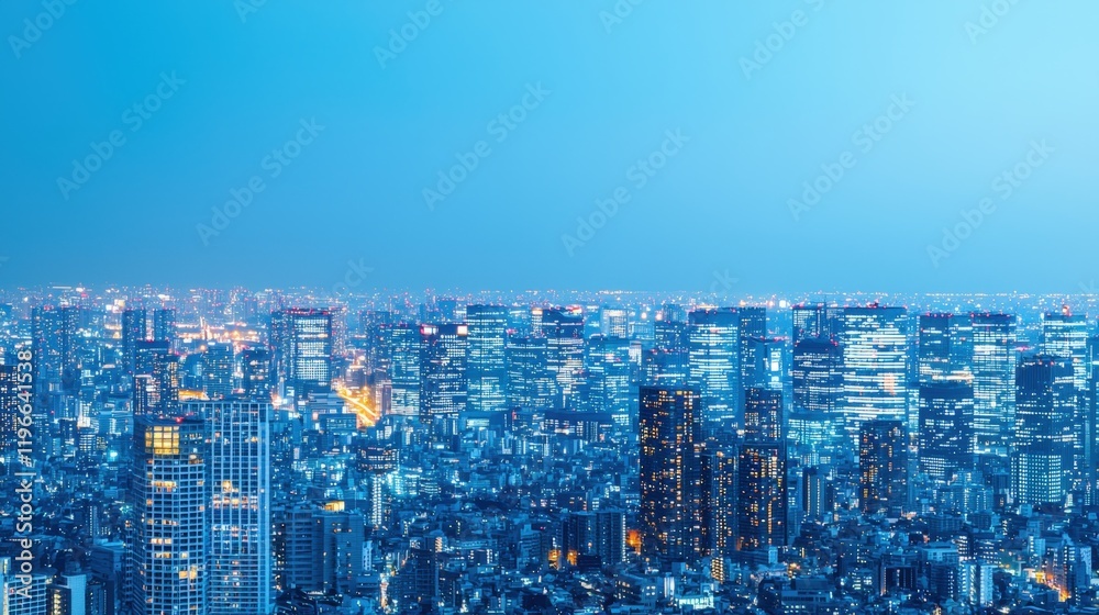 Obraz premium Cyber security and sleek, A stunning urban skyline at dusk, showcasing illuminated skyscrapers against a deep blue sky.