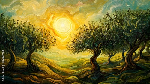 A dreamy depiction of olive trees under a glowing sun, painted with swirling brushstrokes in shades of green, brown, and yellow, evoking the warmth and tranquility of Mediterranean landscapes
