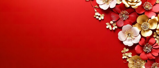 Red and gold paper flowers Chinese decoration background for 2025 lunar new year concept