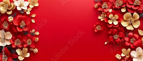 Red and gold paper flowers Chinese decoration background for 2025 lunar new year concept #1196642190