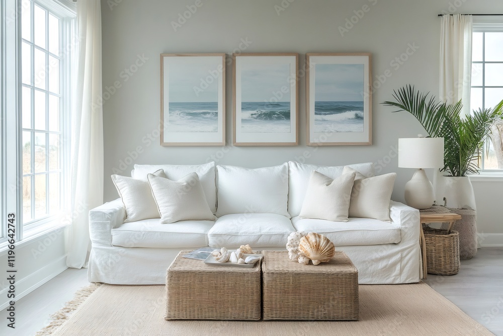 Fototapeta premium Bright living room decorated in coastal style with pictures representing ocean waves