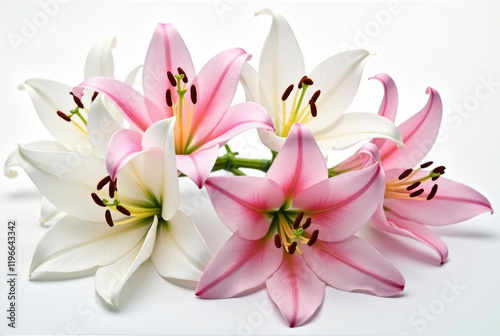 Artistic arrangement of pink and white lilies on a white background