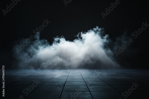 Dark room with smoky fog on tiled floor.