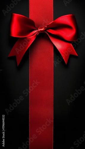 Shiny red satin ribbon bow on black dark background. Banner for christmas gift black friday big sale. Retail promotions discount events social media marketing and more.