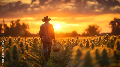 A farmer carries a sack and is picking marijuana, with a beautiful view of the clear sky