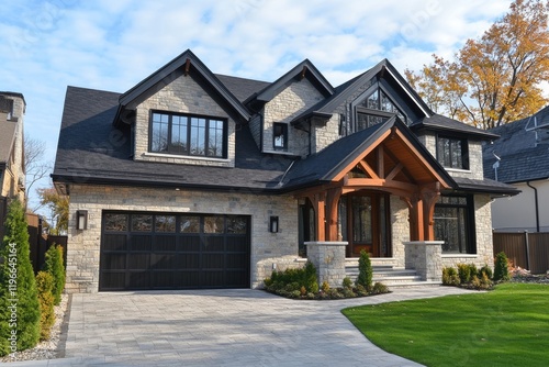 Modern stone luxury home with garage and landscaping on a sunny day