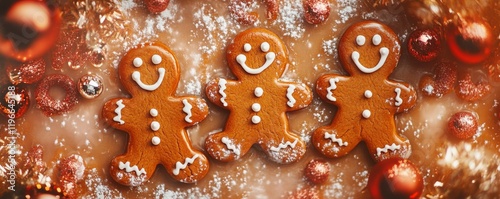 Gingerbread Cookies: Cute gingerbread men cookies, traditional Christmas dessert, focus on happy expressions, surrounded by icing decorations
