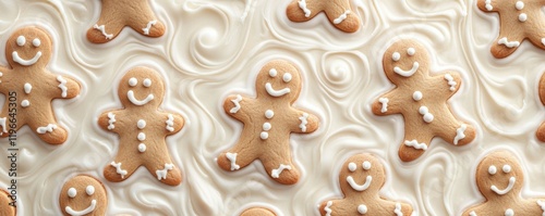 Gingerbread Cookies: Cute gingerbread men cookies, traditional Christmas dessert, focus on happy expressions, surrounded by icing decorations