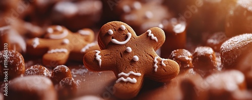 Gingerbread Cookies: Cute gingerbread men cookies, traditional Christmas dessert, focus on happy expressions, surrounded by icing decorations