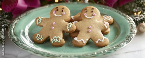 Gingerbread Cookies: Cute gingerbread men cookies, traditional Christmas dessert, focus on happy expressions, surrounded by icing decorations