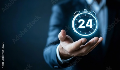 Nonstop service 24 hr concept. businessman hand holding virtual 24-7 with clock on hand for worldwide nonstop and full-time available contact of service concept.
